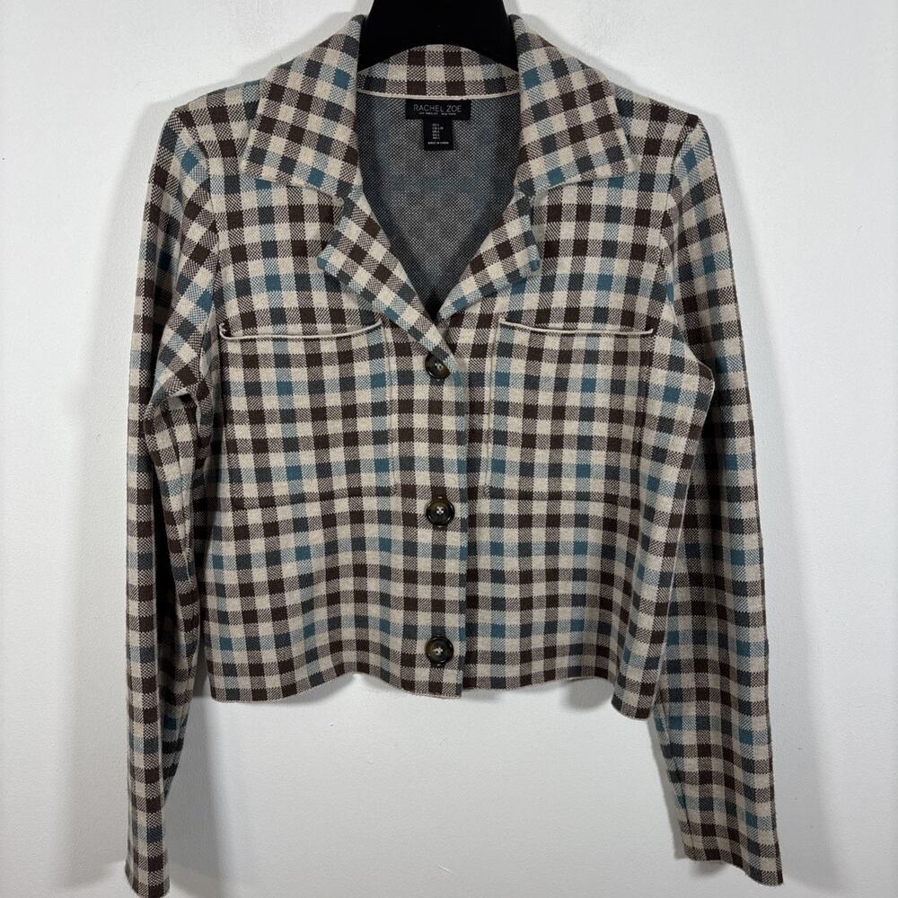 Rachel Zoe Button Up Cardigan Shacket Sweater Blazer Brown‎ Plaid Large Fall - Picture 8 of 8